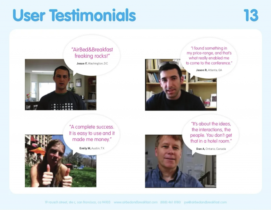 User testimonials from Airbnb's pitch deck