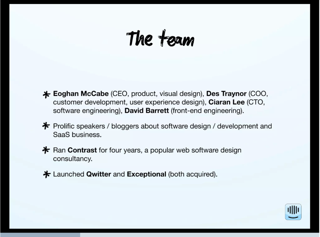 Intercom's pitch deck team slide sourced from their blog post