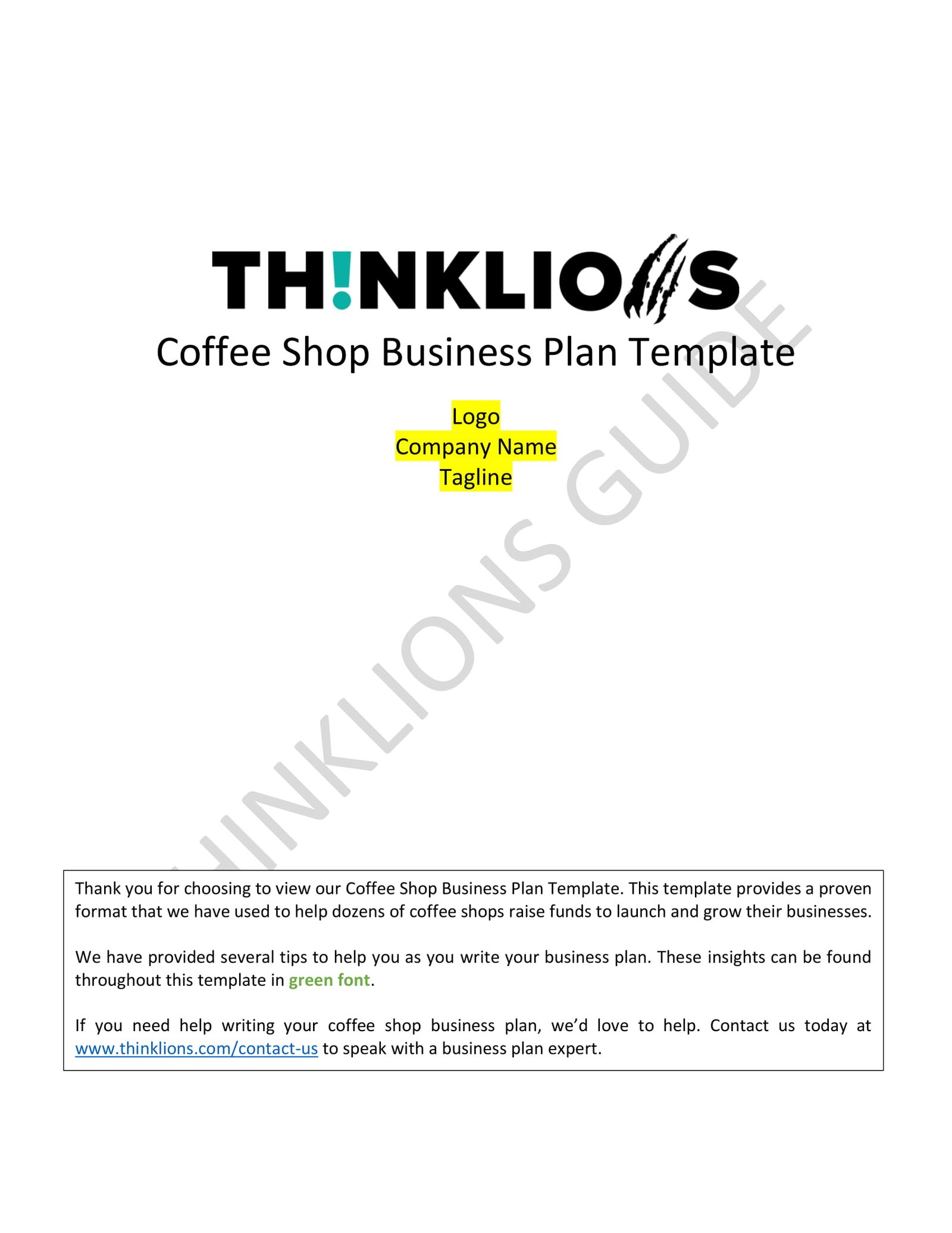 cover page of a coffee shop business plan